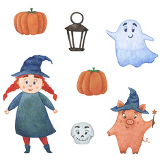 Set of watercolor elements for Halloween.