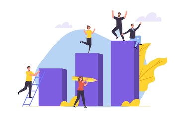 Career growth, Business goal achievement concept. Character climbing on ascending chart. Vector illustration flat style