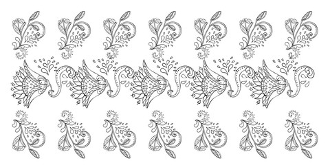 Stylish white  floral kalamkari ornament pattern on black background. Vector surface design for fabric, apparel textile, book, interior, wallpaper