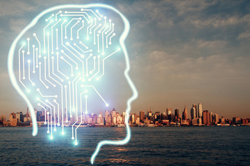 Brain hologram drawing on cityscape background multi exposure. Ai in modern city concept.
