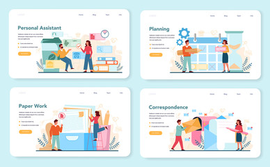 Businessman personal assistant web banner or landing page set. Professional