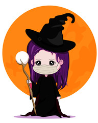 cute witch using face mask with full moon background, halloween vector illustration
