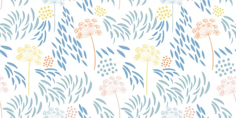 Tuinposter Vector organic floral seamless abstract background, botanical motif, freehand doodles pattern. Fennel flowers in pastel colors. © dinadankersdesign