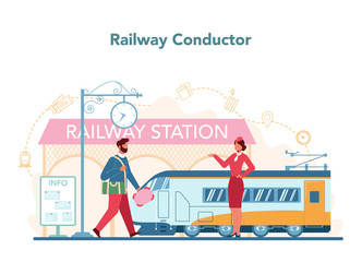 Railway conductor concept. Railway worker in uniform on duty. Train