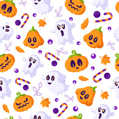 Halloween cartoon seamless pattern - scary pumpkin lanterns, creepy funny ghost, candy cane and lollipop, autumn leaves, traditional holiday symbols - vector seamless background for textile