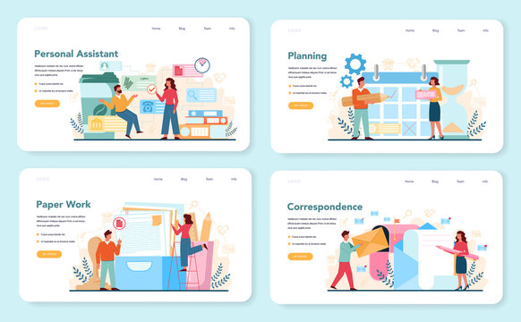 Businessman personal assistant web banner or landing page set. Professional