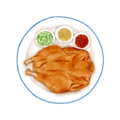 Watercolor Illustration of a Cuisine - Roasted chicken with three saucers of dipping powder and sauce on a plate