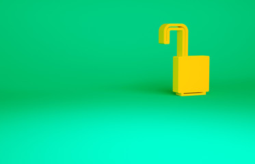 Orange Open padlock icon isolated on green background. Opened lock sign. Cyber security concept. Digital data protection. Minimalism concept. 3d illustration 3D render.