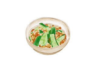 Watercolor Illustration of Chinese Cuisine - Nuts and cucumber in a bowl | 坚果黄瓜