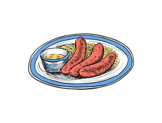 Illustration of a Cuisine - German sausage with sauce on a plate