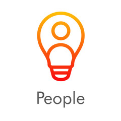 Concepto idea. Logotipo lineal abstracto bombilla con persona en su interior en color naranja con palabra People