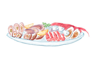 Watercolor Illustration of a Cuisine - Seafood platter made with oysters, scallops, shrimps, fishes, crabs and lemons