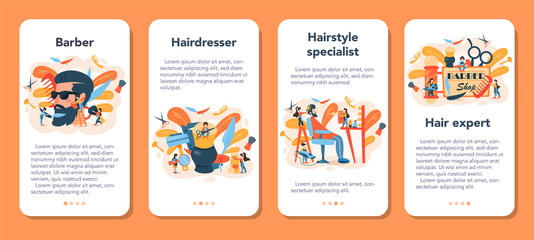 Barber mobile application banner set. Idea of hair and beard care.