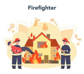 Fireman concept. Professional fire brigade firhting with flame.