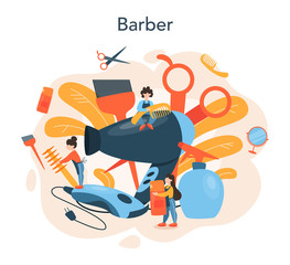Hairdresser concept. Idea of hair care in salon. Scissors and brush,