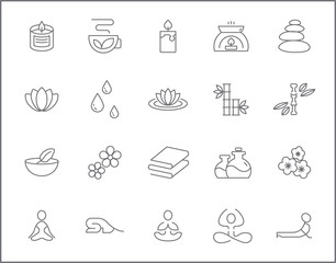 Set of yoga and spa icons line style. It contains such Icons as wellness, pose, beauty, peace, therapy and other elements.