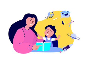 Happy Family Together Prepare Schoolboy for School.Child Education.Mother Tutor Support Reading Book with Son Student Homework. Lesson Learning.Home Schooling. Pupil Study Science. Vector Illustration
