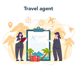 Travel agent concept. Office worker selling tour, cruise, airway