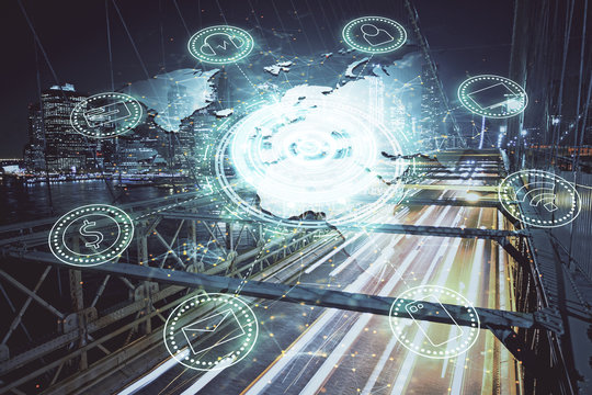 Multi exposure of social network theme drawing and cityscape background. Concept of people connecton.