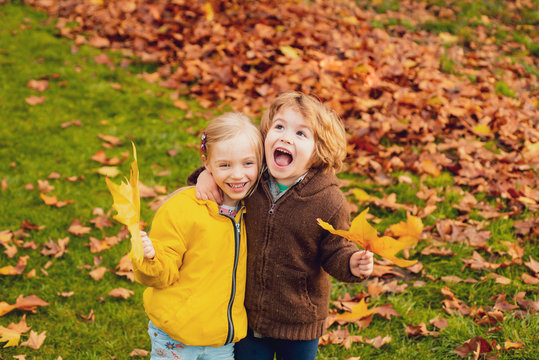 Happy brother and sister smiling and embracing in autumn park. Hugging kids on colorful foliage, maple leaves.