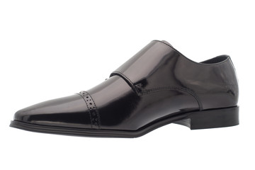 Black men's shoes on a white background.