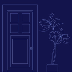 Empty room with closed door and plant. Vector flat illustration. 