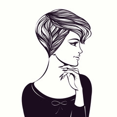 Woman with short hairstyle, elegant makeup and manicure.Hair salon, nails art, beauty studio, cosmetics and spa illustration.Beautiful young lady portrait.Smiling girl face.