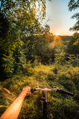The cyclist  at sunset in the forest