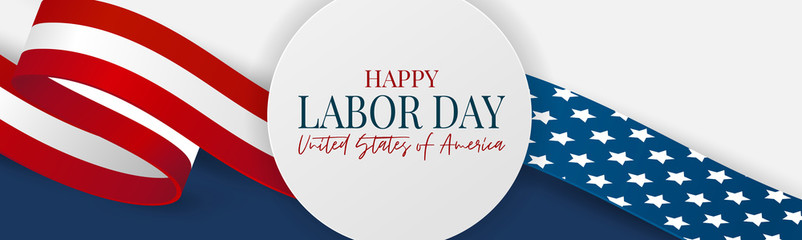 Labor Day banner. USA national federal holiday header design. American flag waving ribbon background. Realistic vector illustration.