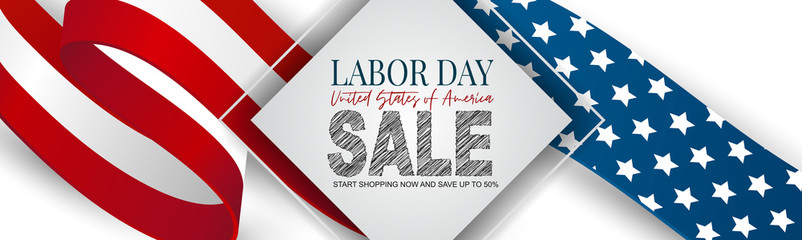 Labor Day sale banner. USA national federal holiday header design. American flag waving ribbon background. Realistic vector illustration.