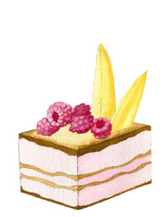 Hand painted watercolor layered cake decorated with raspberries and mango pieces isolated on the white background