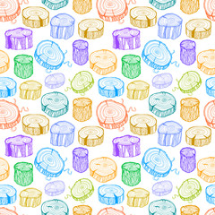 Wood logs seamless pattern on white. Hand drawn sketch style. Line Art. Colorful background.
