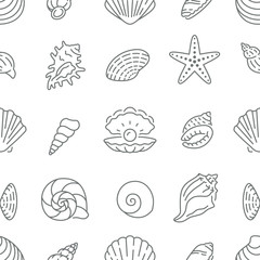 Seashell seamless pattern. Vector background included line icons as ocean sea shells, scallop, starfish, clam, oyster, nautical texture for fabric. Black and white color