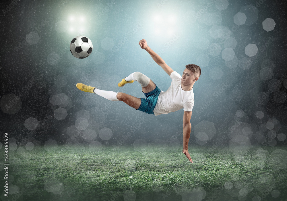 Sticker soccer player on a football field in dynamic action