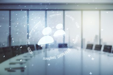 Abstract virtual people icons hologram on a modern coworking room background, life and health insurance concept. Multi exposure