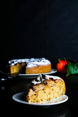 Slice of homemade Apple pie on a dark background