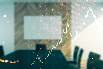 Double exposure of abstract creative financial chart hologram and world map on a modern meeting room background, research and strategy concept