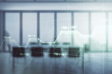 Multi exposure of abstract statistics data hologram interface on a modern furnished office interior background, computing and analytics concept