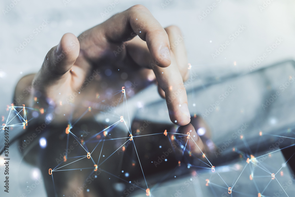 Aufkleber Creative concept of wireless technology and finger clicks on a digital tablet on background. Big data and database concept. Multiexposure