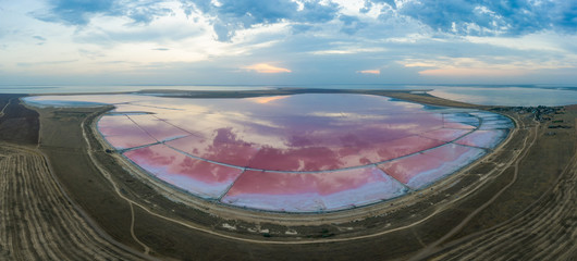 The pink lake is stained with Dunaliella salina bacteria. Panorama.