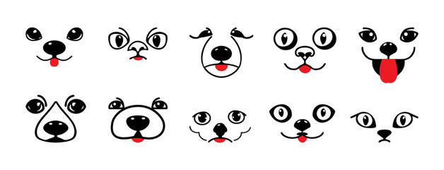 Funny Animal Faces icons Bundle. Can use for Face Masks or T-shirt. Set  Cute Cat faces, Dog faces isolated on white background. Cut Files. Vector illustration.