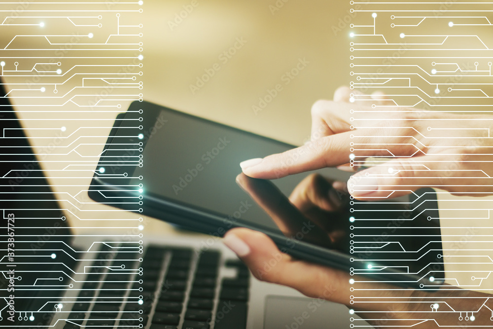 Aufkleber creative concept of microscheme illustration and finger clicks on a digital tablet on background. bi