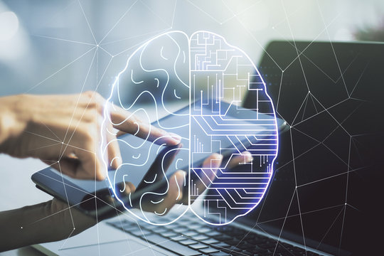 Creative artificial Intelligence concept with human brain hologram and finger clicks on a digital tablet on background. Multiexposure