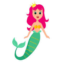 Cartoon mermaid character with pink hair and shiny tail.  Underwater life concept. Flat vector illustration. Can be used for clothing. For design of album, scrapbook, card and invitation