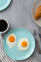 flat lay breakfast on gray table with copyspace