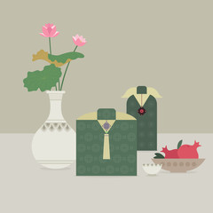 Korean traditional gift box and lotus flower vector illustration.