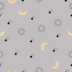 Sun moon and stars seamless pattern