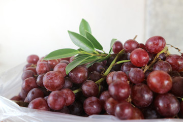 Ripe red grape with leaves in bag
