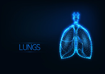 Futuristic glowing low polygonal anatomical lungs hologram on dark blue background.
