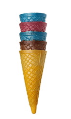Empty colorful ice cream cones stack isolated on white background with clipping path